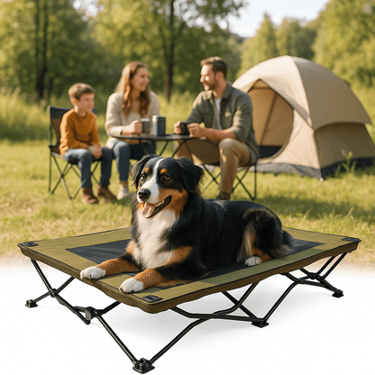 Lit-de-camp-pour-chiens-acier-maille-aérée-tissu oxford 900D et structure en acier robuste-hamac sur 6 pieds antidérapants pour chien de petite, moyenne et grande taille jusqu'à 30 kg-lavable et imperméable-ne retient pas les poils, les saletés, résistant aux griffes pour une utilisation intérieure et extérieure-pliable avec son sac de transport avec sangle-un chien couché confortablement sur son hamac ergonomique surélevé en camping avec sa famille humaine
