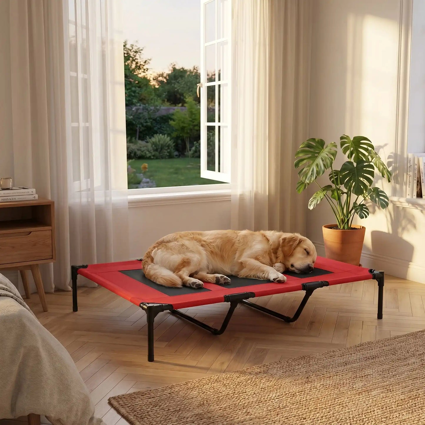 Lit-de-camping-pour-chien-chiot-xxl de 120 cm de longueur pour chien de moyenne à grande taille jusqu'à 40 kilos en toile respirantes en mailles et tissu renforcé oxford100% imperméable et solide avec 4 pieds antidérapant et deux barres transversales au milieu du lit pour un soutien adapté et ergonomique, plaible et transportable pour une utilisation en intérieur et extérieur-un chien de grande taille qui dort paisiblement sur le flanc sur son lit surélevé dans la chambre de la maison en été 