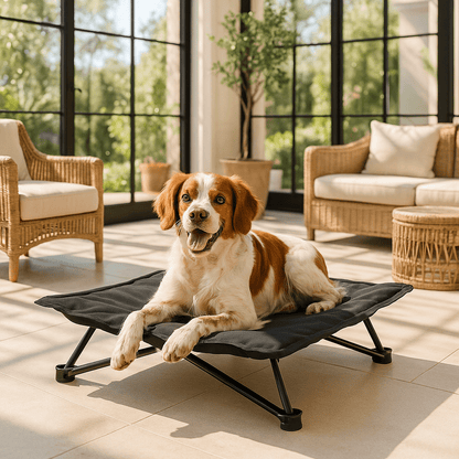Lit-de-camping-pour-chien-chiot-pliable-imperméable-avec sac de transport-sur pied antidérapant en acier-rembourrage 100% coton-déhoussable et lavable-installation facile et rapide-prêt à l'emploi-solide-robuste et durable pour une utilisation intérieur et extérieur-surélevé et respirant pour toutes saisons-un chien couché et heureux sur son hamac noir compact qui retient pas les poils et saletés en maille respirante dans la véranda de la maison
