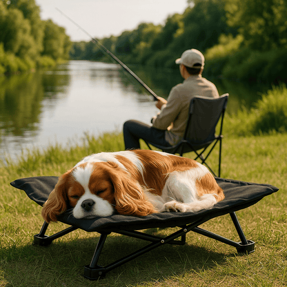 Lit-de-camping-pour-chien-chiot-pliable-imperméable-avec sac de transport-sur pied antidérapant en acier-rembourrage 100% coton-déhoussable et lavable-installation facile et rapide-prêt à l'emploi-solide-robuste et durable pour une utilisation intérieur et extérieur-surélevé et respirant pour toutes saisons-un chien de race moyenne qui dort paisiblement sur son hamac noir compact à côté de son maitre qui pêche en extérieur