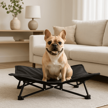 Lit-de-camping-pour-chien-chiot-pliable-imperméable-avec sac de transport-sur pied antidérapant en acier-rembourrage 100% coton-déhoussable et lavable-installation facile et rapide-prêt à l'emploi-solide-robuste et durable pour une utilisation intérieur et extérieur-surélevé et respirant pour toutes saisons-un petit chien assis et heureux sur son hamac noir compact dans le salon de l'appartement
