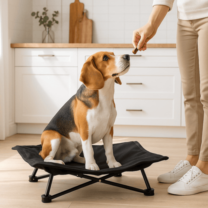Lit-de-camping-pour-chien-chiot-pliable-imperméable-avec sac de transport-sur pied antidérapant en acier-rembourrage 100% coton-déhoussable et lavable-installation facile et rapide-prêt à l'emploi-solide-robuste et durable pour une utilisation intérieur et extérieur-surélevé et respirant pour toutes saisons-un chien assis sur son hamac noir compact qui regarde son maitre lui tendre un encas dans la cuisine de la maison
