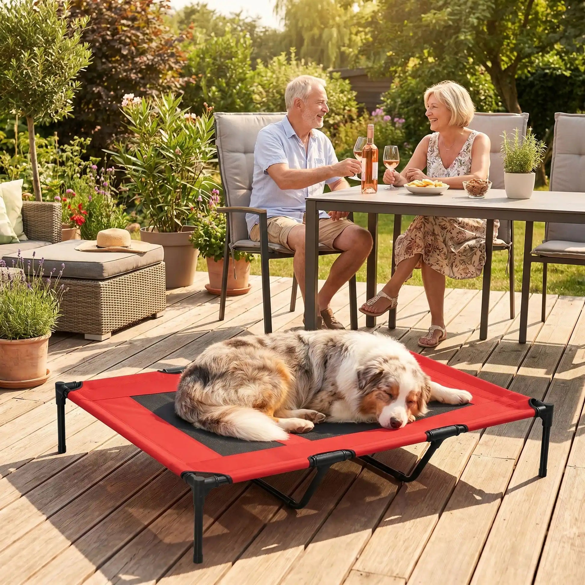 Lit-de-camping-pour-chien-chiot-xxl de 120 cm de longueur pour chien de moyenne à grande taille jusqu'à 40 kilos en toile respirantes en mailles et tissu renforcé oxford100% imperméable et solide avec 4 pieds antidérapant et deux barres transversales au milieu du lit pour un soutien adapté et ergonomique, plaible et transportable pour une utilisation en intérieur et extérieur-un chien à poils longs et épais  qui dort paisiblement en boule sur le lit sur la terrasse du mobil-home avec ses maitres qui mangent
