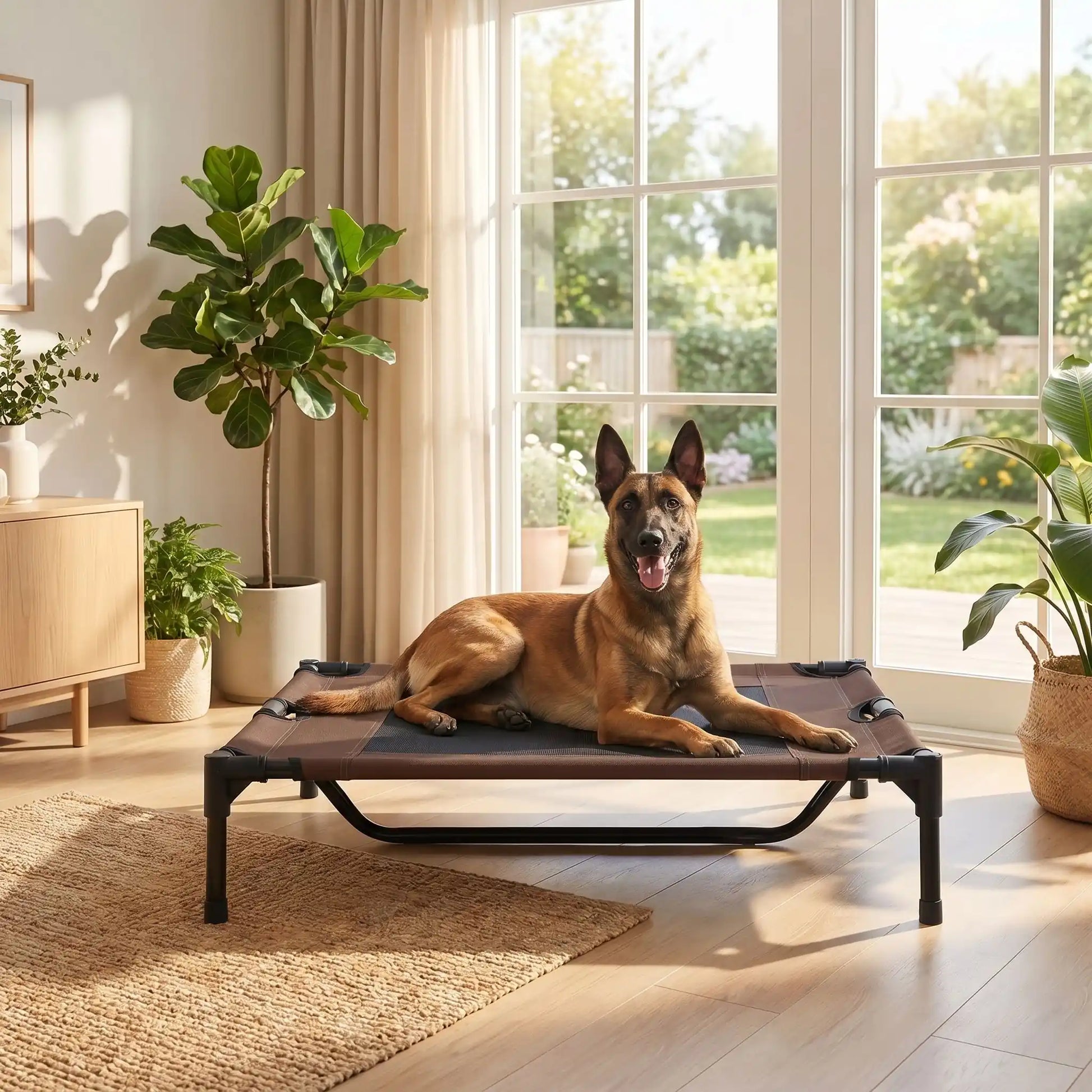 Lit-de-camps-chien-chien-surélevé-toile Oxford imperméable et résistant, pliable avec 4 pieds et un pied au milieu pour une stabiliité parfaite avec deux carrés de maille respirantes sur la surface pour une aération optimale pour chien de petite à moyenne taille de 0 à 25 kilos- un chien moyen couché confortablement sur le lit de camps dans le salon de la maison en été