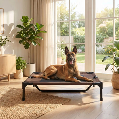 Lit-de-camps-chien-chien-surélevé-toile Oxford imperméable et résistant, pliable avec 4 pieds et un pied au milieu pour une stabiliité parfaite avec deux carrés de maille respirantes sur la surface pour une aération optimale pour chien de petite à moyenne taille de 0 à 25 kilos- un chien moyen couché confortablement sur le lit de camps dans le salon de la maison en été