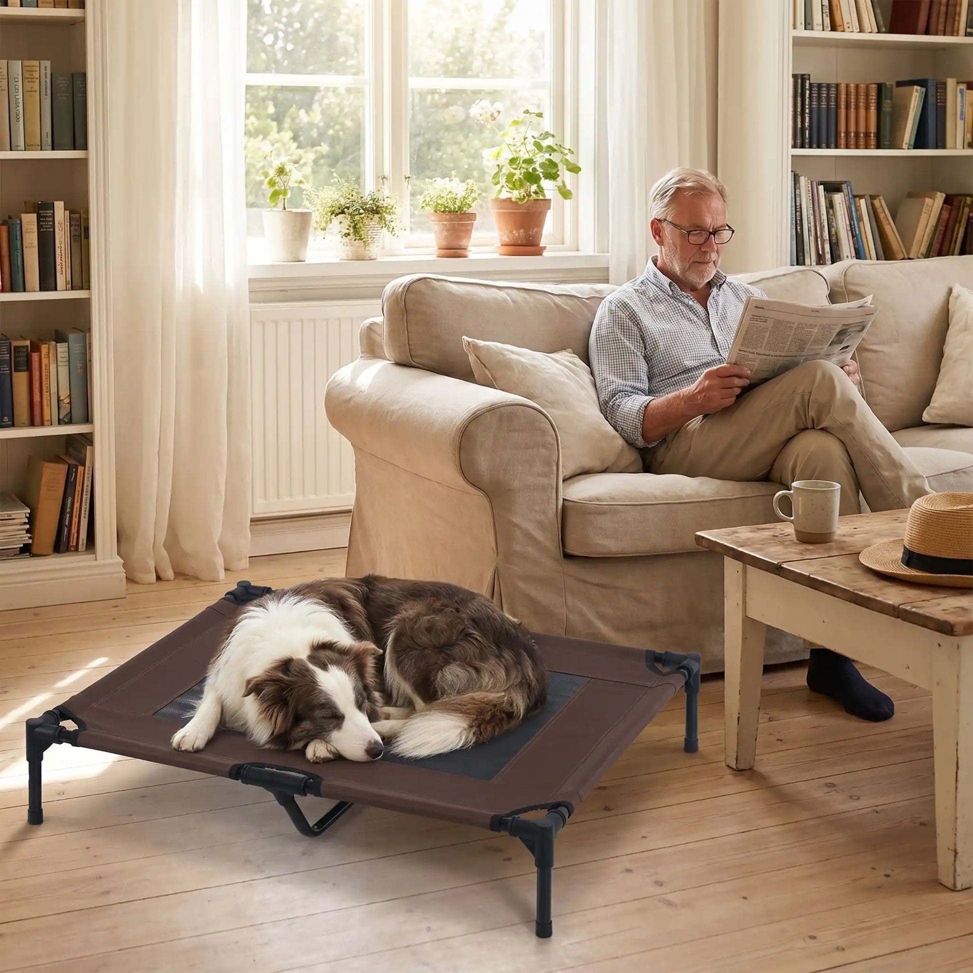 Lit-de-camps-chien-chien-surélevé-toile Oxford imperméable et résistant, pliable avec 4 pieds et un pied au milieu pour une stabiliité parfaite avec deux carrés de maille respirantes sur la surface pour une aération optimale pour chien de petite à moyenne taille de 0 à 25 kilos- un chien de taille moyenne qui dort paisiblement en boule sur le lit de camps à côté de son maitre qui lit son journal sur le canapé du salon en été