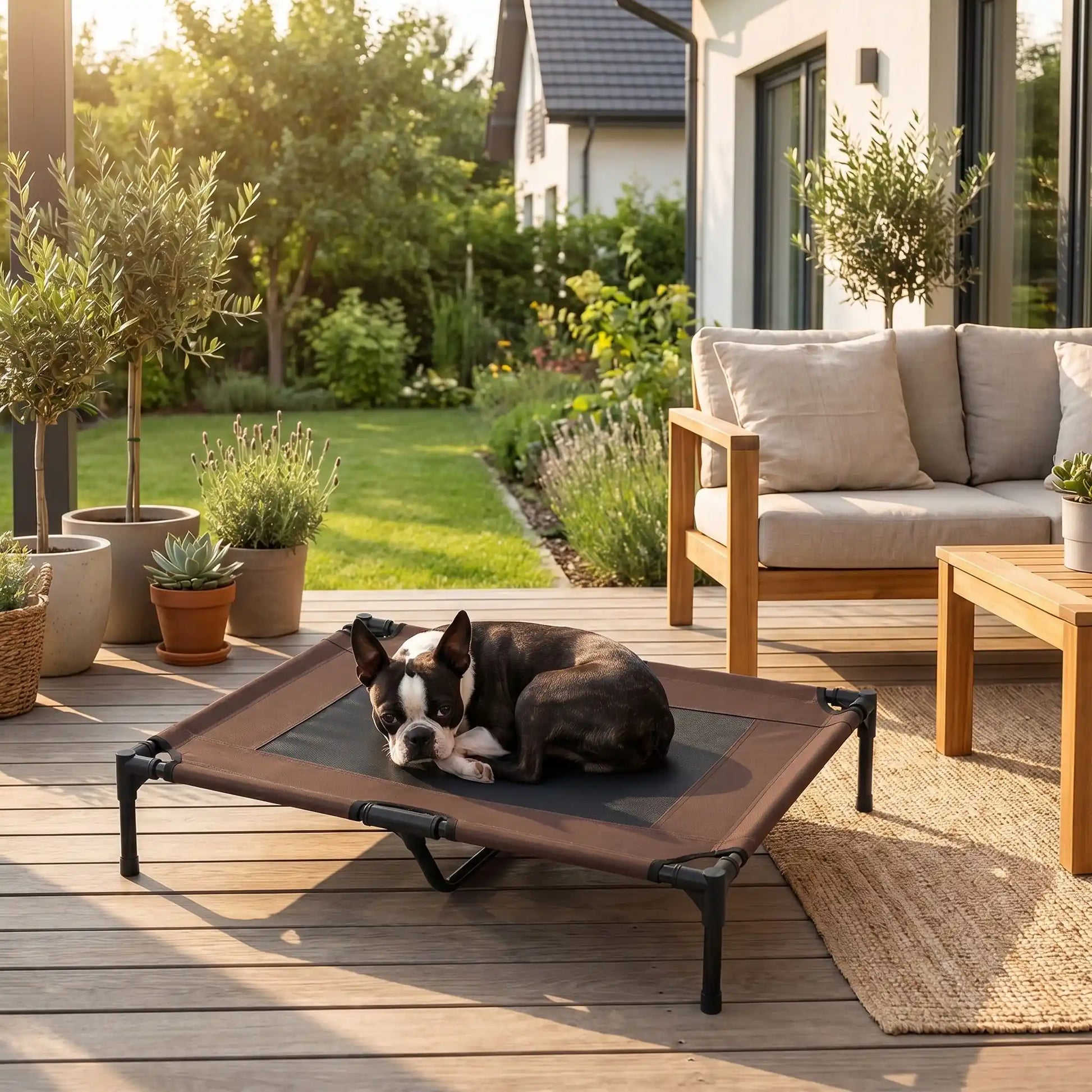 Lit-de-camps-chien-chien-surélevé-toile Oxford imperméable et résistant, pliable avec 4 pieds et un pied au milieu pour une stabiliité parfaite avec deux carrés de maille respirantes sur la surface pour une aération optimale pour chien de petite à moyenne taille de 0 à 25 kilos- un petit couché confortablement en boule sur le lit de camps sur la terrasse de la maison en été