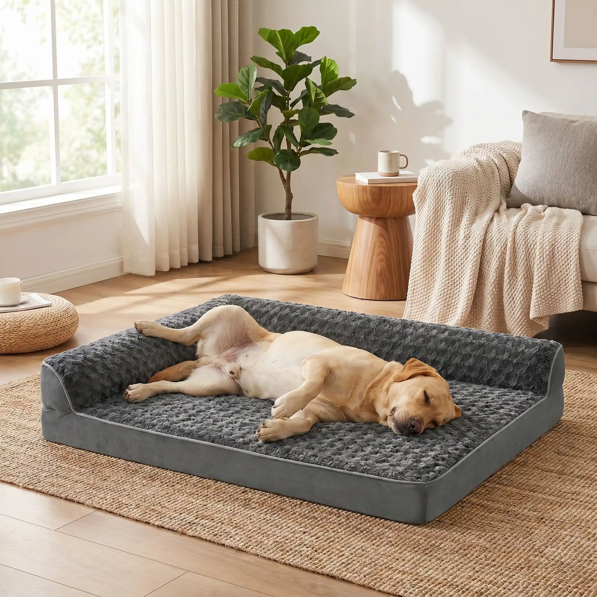 Lit-grand-chien-chiot-orthopédique-xxl avec traversin intégré,antidérapant-imperméable-déhoussable-lavable en machine-résistant aux griffes et morsures  pour grand chien et chiot jusqu'à 50 kg max-en velours côtelé et 100% Coton PP et deux traversins cylindriques rembourré en forme de L de couleur gris pour un effet apaisant et sécurisant-un chien de grande race qui dort paisiblement  les pattes en l'air sur son lit orthopédique au style canapé avec deux traversins en L surélevés dans le salon de la maison