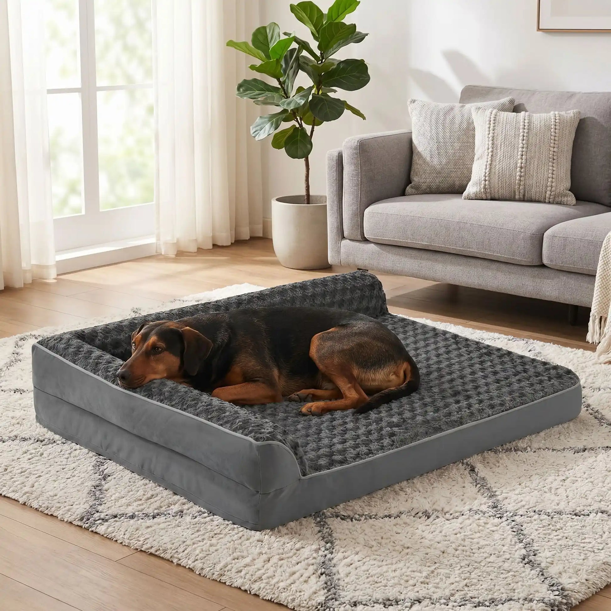 Lit-grand-chien-chiot-orthopédique-xxl avec traversin intégré,antidérapant-imperméable-déhoussable-lavable en machine-résistant aux griffes et morsures  pour grand chien et chiot jusqu'à 50 kg max-en velours côtelé et 100% Coton PP et deux traversins cylindriques rembourré en forme de L de couleur gris pour un effet apaisant et sécurisant-un Pinscher qui dort paisiblement niché dans l'angle du lit orthopédique , sa tête reposant sur l'un des deux traversins en L surélevés du lit dans le salon de la maison