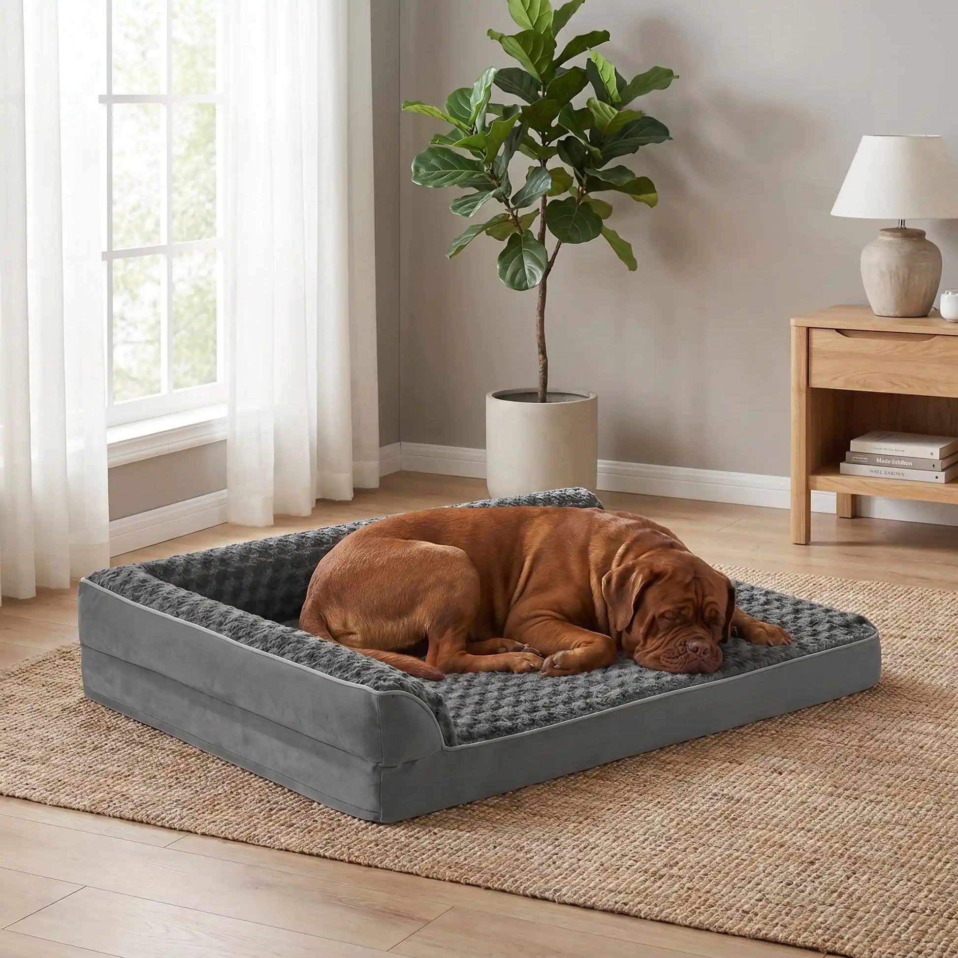 Lit-grand-chien-chiot-orthopédique-xxl avec traversin intégré,antidérapant-imperméable-déhoussable-lavable en machine-résistant aux griffes et morsures  pour grand chien et chiot jusqu'à 50 kg max-en velours côtelé et 100% Coton PP et deux traversins cylindriques rembourré en forme de L de couleur gris pour un effet apaisant et sécurisant-un Shar-pei
 qui dort paisiblement niché dans l'angle du lit orthopédique , sa tête reposant sur la housse en velours et peluche  du lit à mémoire de forme 
