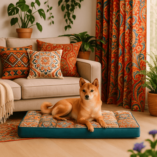 Lit-orthopédique-chien-artisanal-un chien couché sur le matelas 100% coton PP-déhoussable, lavable en machine-design mosaïque bohème chic, coloré-turquoise 