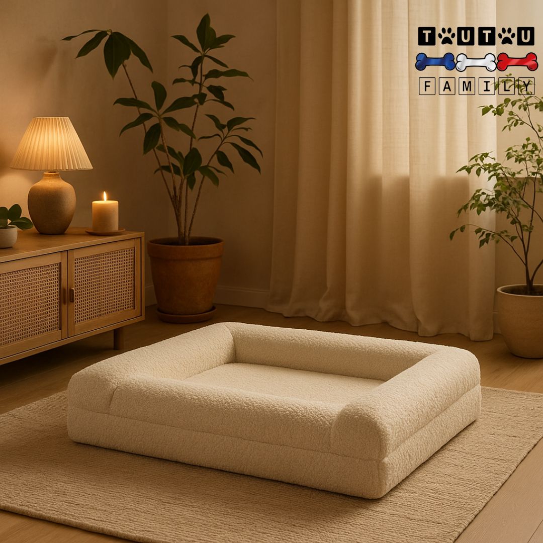 Lit-orthopédique-chien-à-mémoire-de-forme-coton-housse velours couleur blanc crème-déhoussable avec rebord ergonomique et orthopédique lavable, imperméable et lavable- 4 tailles pour petit, moyen et grand chien
