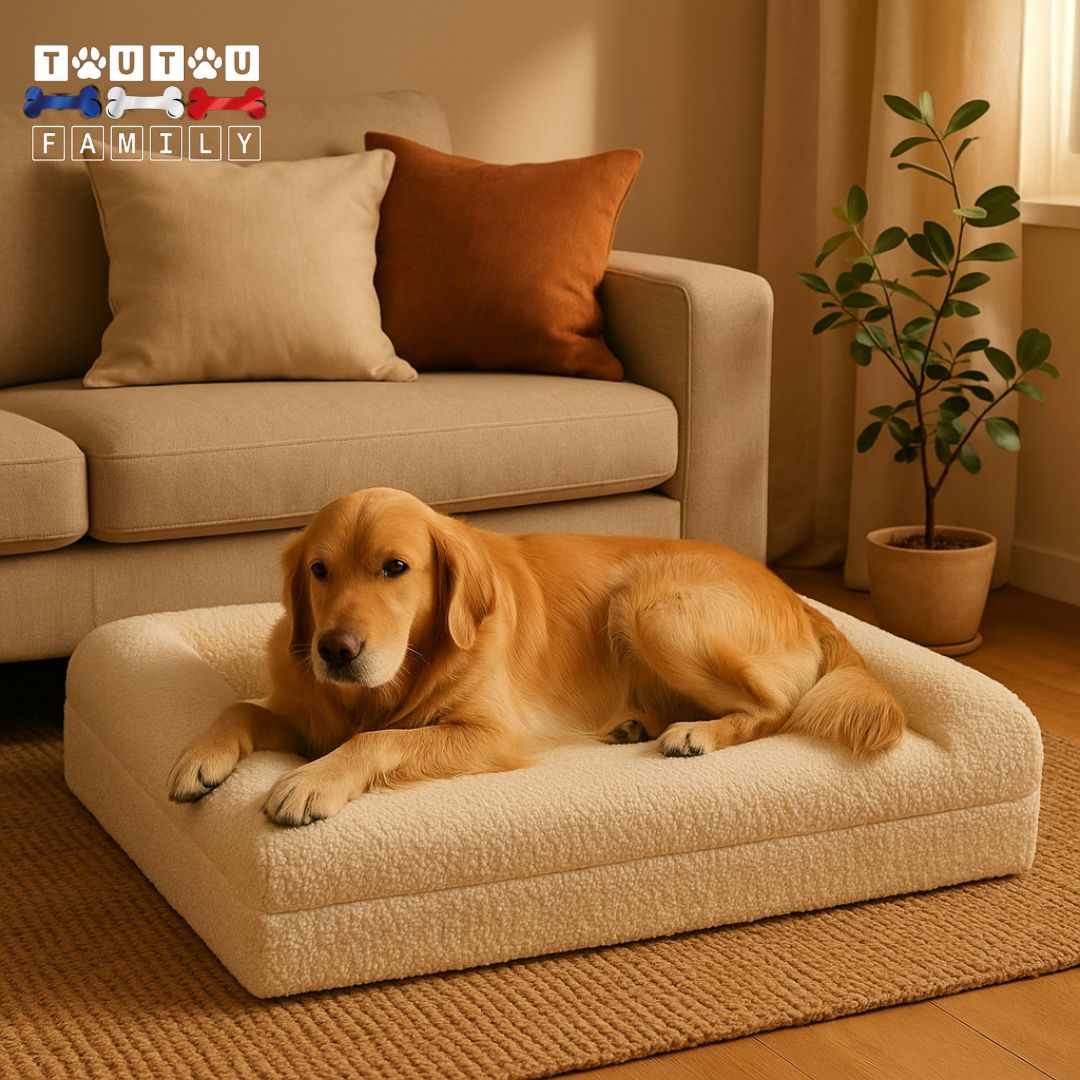 Lit-orthopédique-chien-à-mémoire-de-forme-un grand chien confortablement couché surson matelas orthopédique en éponge haute densité 25D et son traversin intégral à mémoire de forme et ergonomique dans le salon