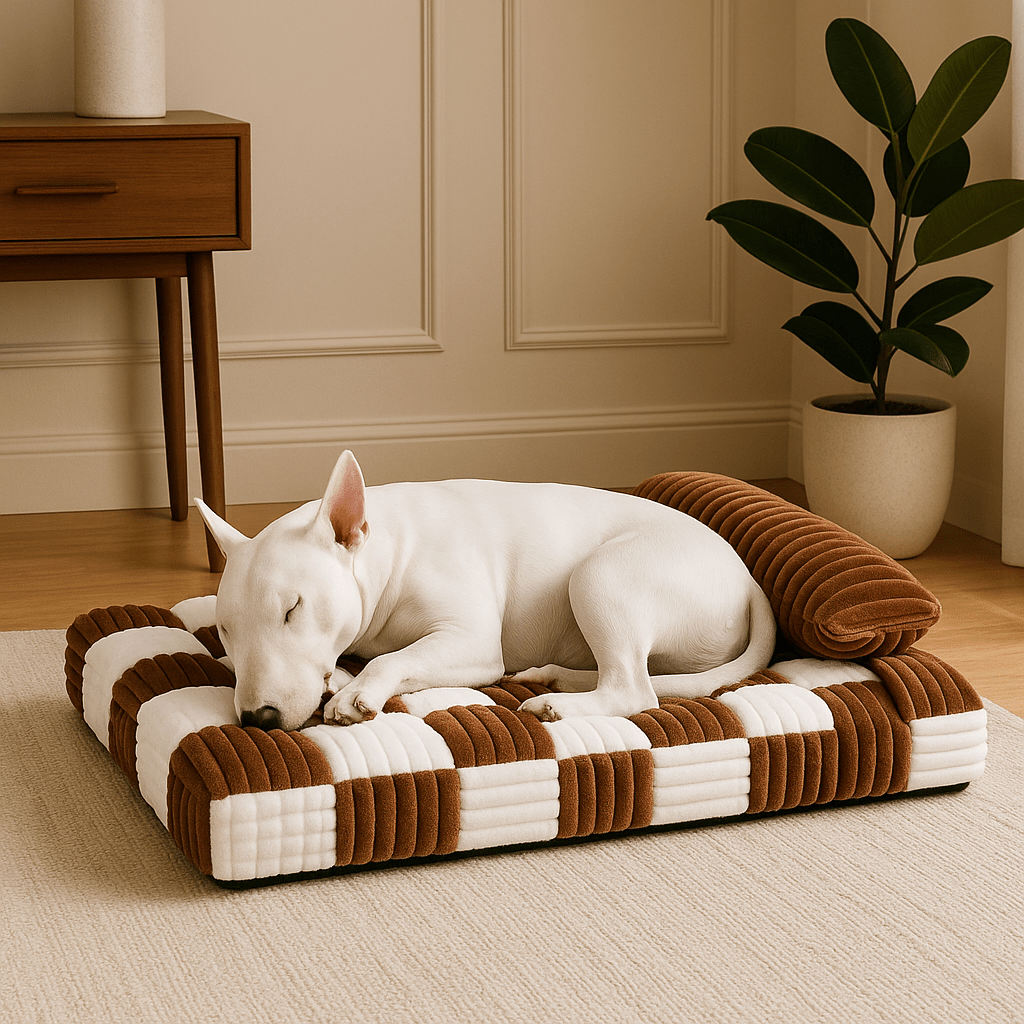 Lit-orthopédique-chien-déhoussable-lavable en machine-antidérapant-imperméable-avec un traversin en oreiller au rembourrage 100% coton haute densité-matelas à mémoire de forme ergonomique pour petit à grand chien de 0 à 40 kg-un Bull Terrier qui dort paisiblement sur son matelas épais orthopédique haute résilience au design d'échiquier dans le salon de l'appartement