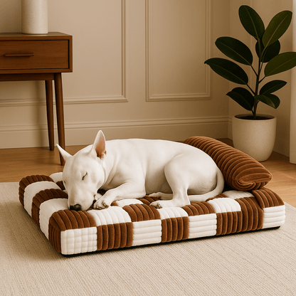 Lit-orthopédique-chien-déhoussable-lavable en machine-antidérapant-imperméable-avec un traversin en oreiller au rembourrage 100% coton haute densité-matelas à mémoire de forme ergonomique pour petit à grand chien de 0 à 40 kg-un Bull Terrier qui dort paisiblement sur son matelas épais orthopédique haute résilience au design d'échiquier dans le salon de l'appartement