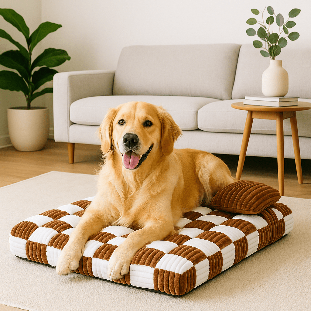 Lit-orthopédique-chien-déhoussable-lavable en machine-antidérapant-imperméable-avec un traversin en oreiller au rembourrage 100% coton haute densité-matelas à mémoire de forme ergonomique pour petit à grand chien de 0 à 40 kg-un chien de grande taille couché confortablement sur son matelas épais orthopédique haute résilience dans le salon de l'appartement