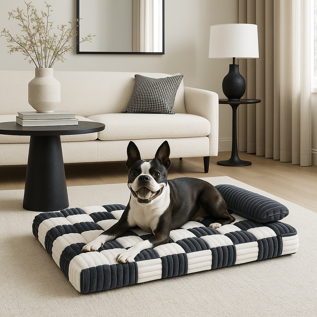 Lit-orthopédique-chien-déhoussable-lavable en machine-antidérapant-imperméable-avec un traversin en oreiller au rembourrage 100% coton haute densité-matelas à mémoire de forme ergonomique pour petit à grand chien de 0 à 40 kg-un Boston Terrier couché confortablement sur son matelas épais orthopédique-noir et blanc haute résilience dans le salon de la maison