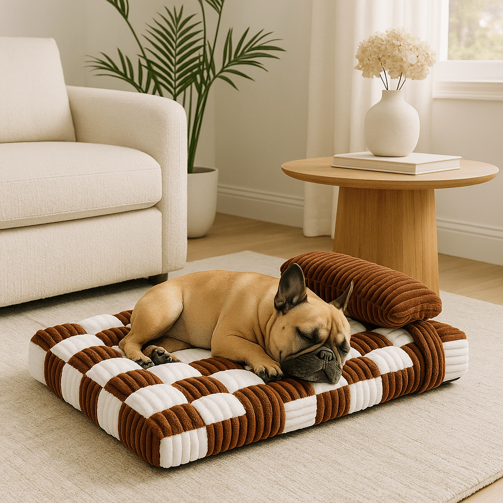 Lit-orthopédique-chien-déhoussable-lavable en machine-antidérapant-imperméable-avec un traversin en oreiller au rembourrage 100% coton haute densité-matelas à mémoire de forme ergonomique pour petit à grand chien de 0 à 40 kg-un petit chien qui dort paisiblement sur son matelas épais orthopédique haute résilience dans le salon de l'appartement