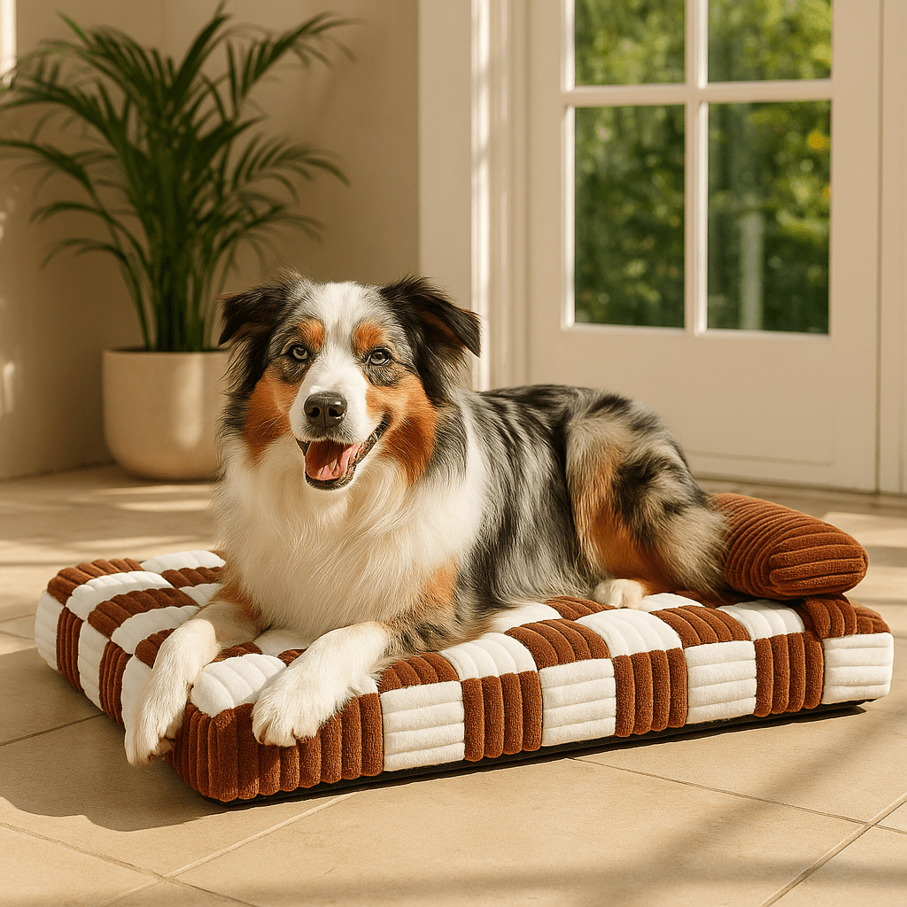 Lit-orthopédique-chien-déhoussable-lavable en machine-antidérapant-imperméable-avec un traversin en oreiller au rembourrage 100% coton haute densité-matelas à mémoire de forme ergonomique pour petit à grand chien de 0 à 40 kg-un chien moyen couché confortablement sur son matelas épais orthopédique haute résilience dans la cuisine de la maison