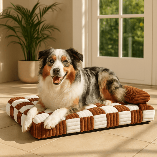 Lit-orthopédique-chien-déhoussable-lavable en machine-antidérapant-imperméable-avec un traversin en oreiller au rembourrage 100% coton haute densité-matelas à mémoire de forme ergonomique pour petit à grand chien de 0 à 40 kg-un chien moyen couché confortablement sur son matelas épais orthopédique haute résilience dans la cuisine de la maison