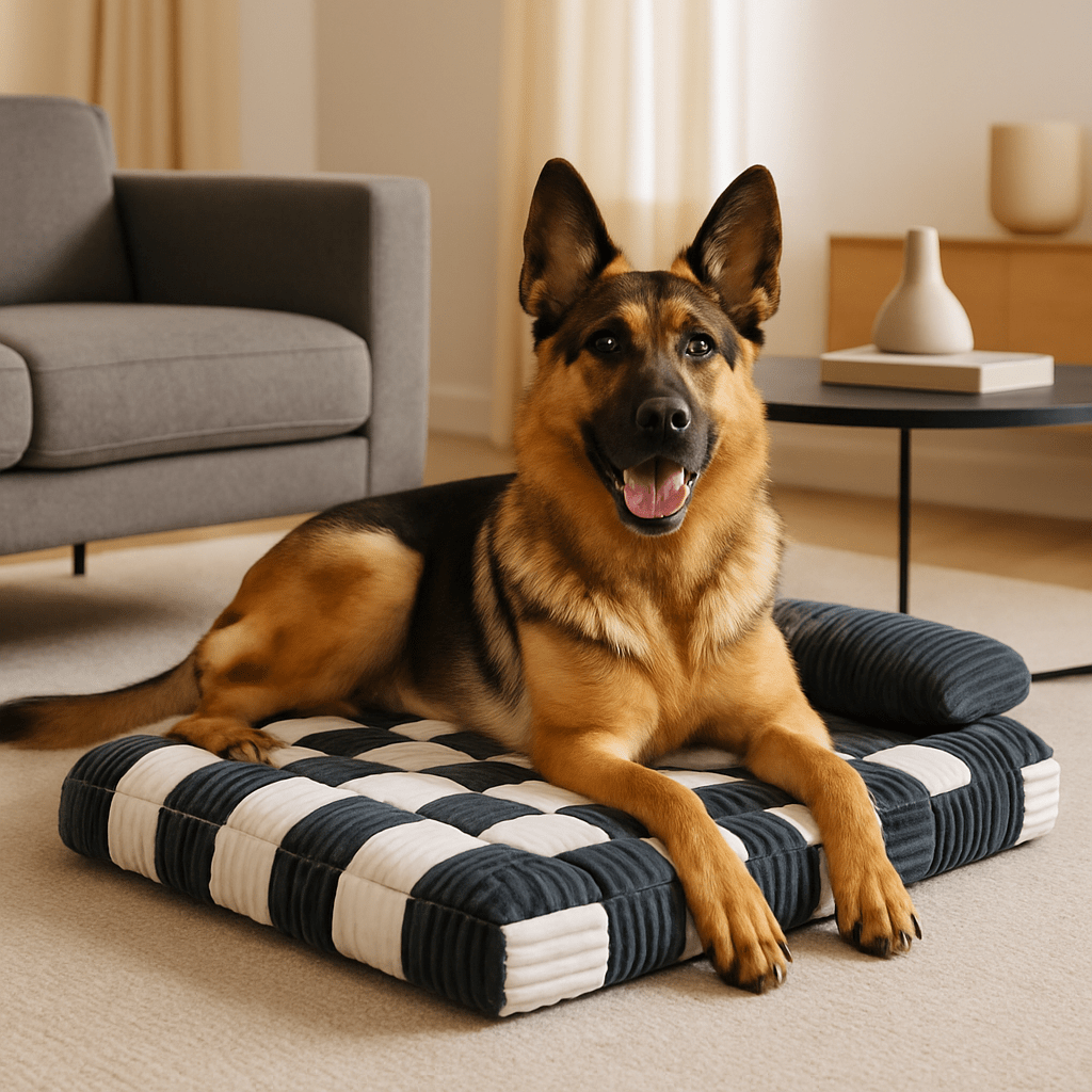 Lit-orthopédique-chien-déhoussable-lavable en machine-antidérapant-imperméable-avec un traversin en oreiller au rembourrage 100% coton haute densité-matelas à mémoire de forme ergonomique pour petit à grand chien de 0 à 40 kg-un grand chien couché confortablement sur son matelas épais orthopédique taille XL haute résilience dans le salon de la maison