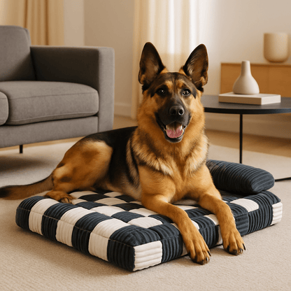 Lit-orthopédique-chien-déhoussable-lavable en machine-antidérapant-imperméable-avec un traversin en oreiller au rembourrage 100% coton haute densité-matelas à mémoire de forme ergonomique pour petit à grand chien de 0 à 40 kg-un grand chien couché confortablement sur son matelas épais orthopédique taille XL haute résilience dans le salon de la maison