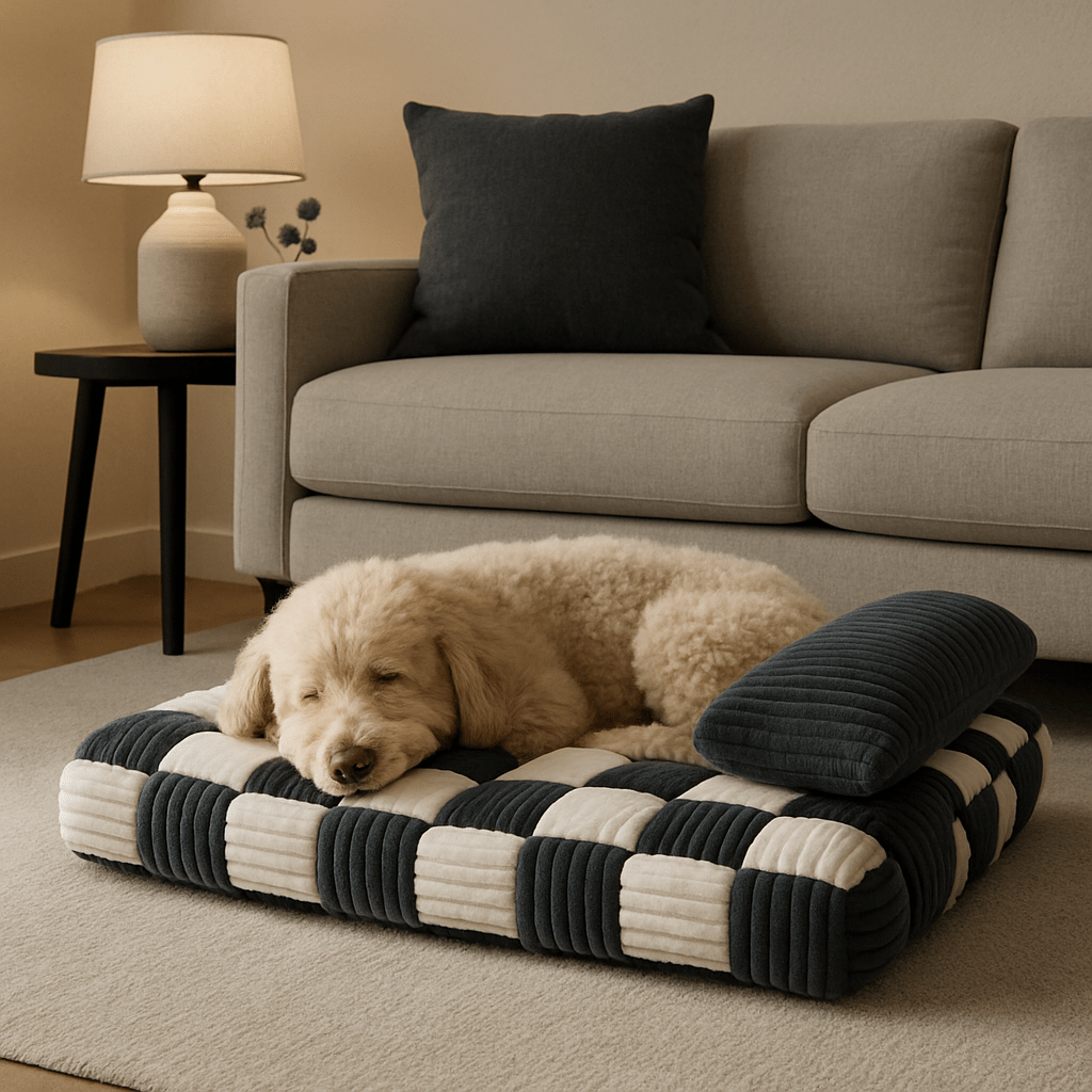 Lit-orthopédique-chien-déhoussable-lavable en machine-antidérapant-imperméable-avec un traversin en oreiller au rembourrage 100% coton haute densité-matelas à mémoire de forme ergonomique pour petit à grand chien de 0 à 40 kg-un chien moyen qui dort en boule paisiblement sur son matelas épais orthopédique de taille L haute résilience dans le salon de la maison