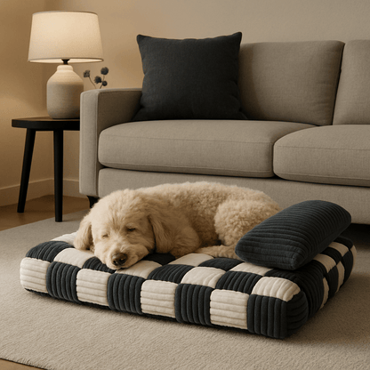 Lit-orthopédique-chien-déhoussable-lavable en machine-antidérapant-imperméable-avec un traversin en oreiller au rembourrage 100% coton haute densité-matelas à mémoire de forme ergonomique pour petit à grand chien de 0 à 40 kg-un chien moyen qui dort en boule paisiblement sur son matelas épais orthopédique de taille L haute résilience dans le salon de la maison