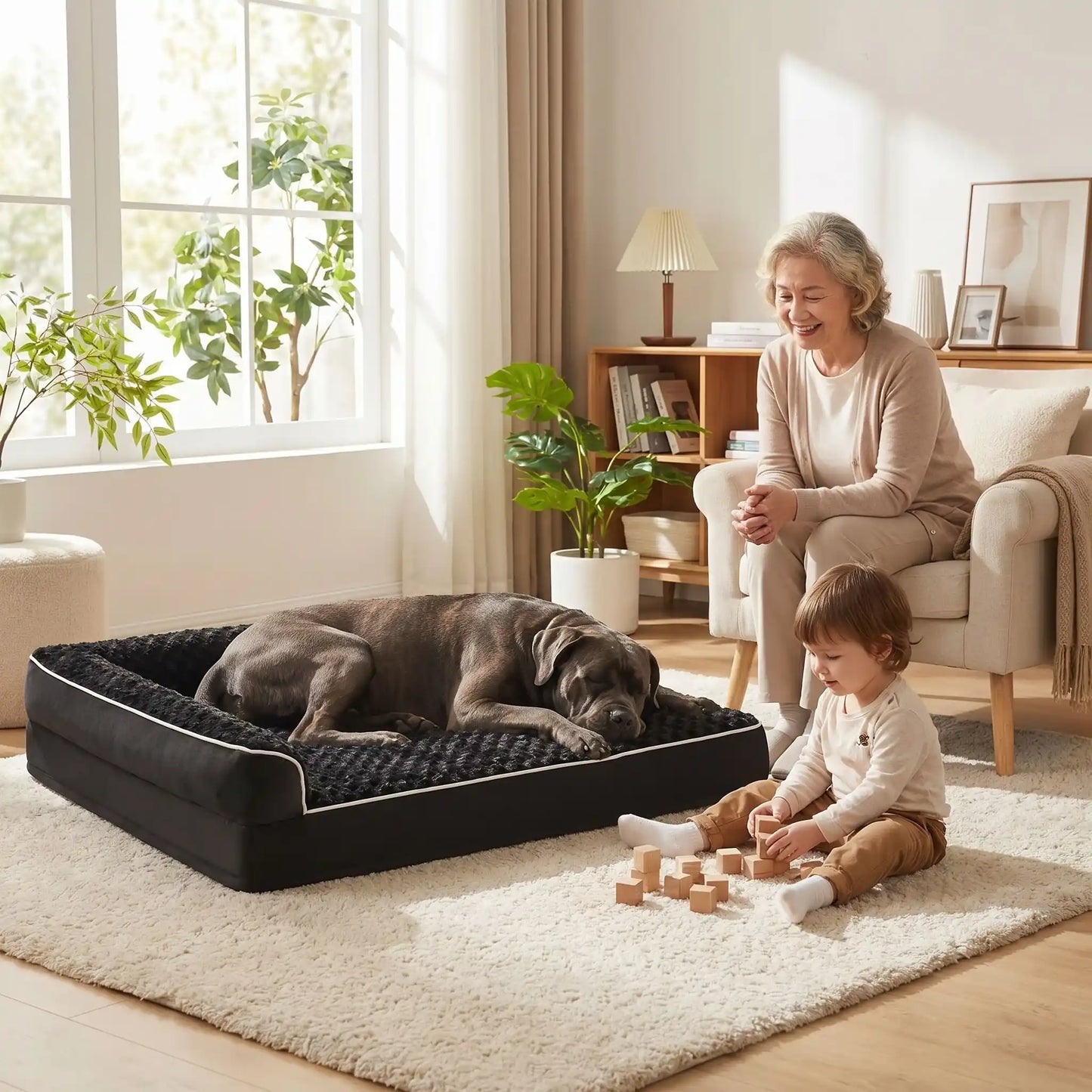 Lit-pour-grand-chien-orthopédique-xxl avec traversin intégré,antidérapant-imperméable-déhoussable-lavable en machine-résistant aux griffes et morsures  pour grand chien et chiot jusqu'à 50 kg max-en velours côtelé et 100% Coton PP et deux traversins cylindriques rembourré en forme de L de couleur noir pour un effet apaisant et sécurisant-un grand chien qui dort paisiblement sur son lit orthopédique, son corps niché contre le coussin surélevé en L à côté d'un enfant qui joue et sa grand-mère qui les regarde 