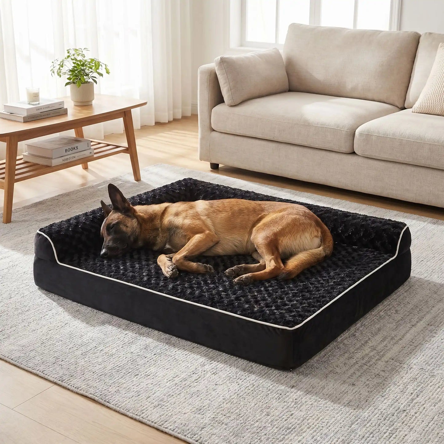 Lit-pour-grand-chien-orthopédique-xxl avec traversin intégré,antidérapant-imperméable-déhoussable-lavable en machine-résistant aux griffes et morsures  pour grand chien et chiot jusqu'à 50 kg max-en velours côtelé et 100% Coton PP et deux traversins cylindriques rembourré en forme de L de couleur gris pour un effet apaisant et sécurisant-un chien de grande taille qui dort paisiblement sur son lit orthopédique, son corps niché contre le coussin surélevé en L des deux traversins dans le salon de l'appartement