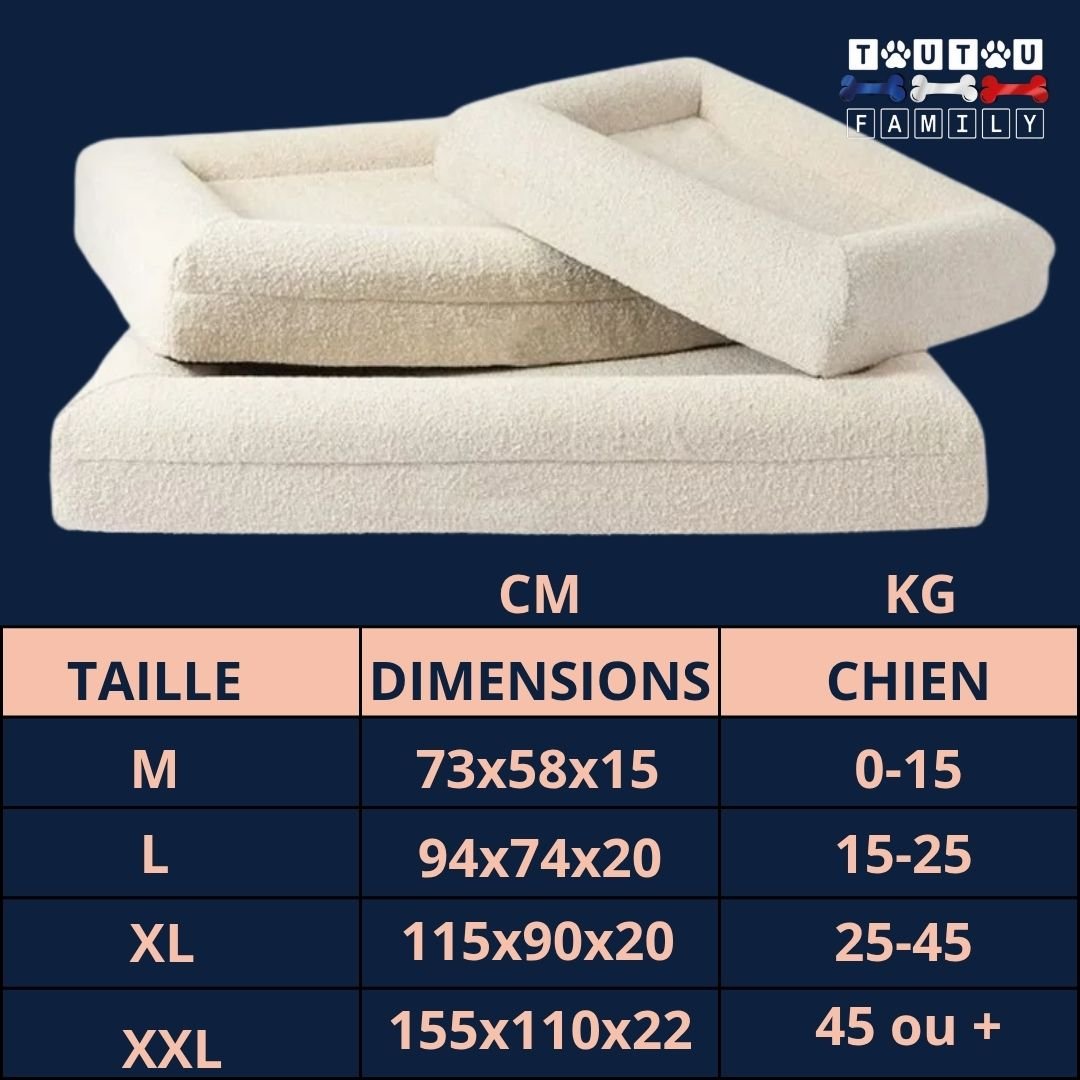 Lit-orthopédique-chien-guide-de-tailles-dimensions et détail des 4 tailles disponible du M au XXLpour les chiens de petite à grande taille
