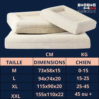 Lit-orthopédique-chien-guide-de-tailles-dimensions et détail des 4 tailles disponible du M au XXLpour les chiens de petite à grande taille
