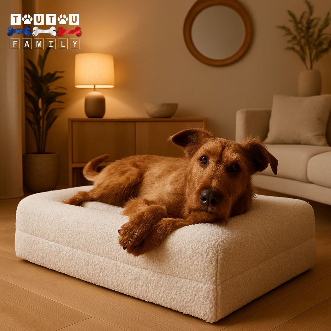 Lit-orthopedique-chien-imperméable-un chien de taille moyenne couché confortablement surson lit avec matelas éponge haute densité 25D à mémoire de forme déhoussable t lavable en machine avec rebord comme un panier-lit anti-stress pour toute taille de chien