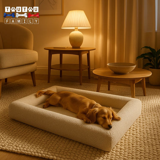 Lit-orthopédique-chien-lavable-déhoussable-imperméable-antidérapant-un-chien-qui dort paisiblement dans son lit à matelas à mémoire de forme avec sa housse douce et ultra-résistante aux griffes usure en tricot hypoallergénique respirant et aéré pour les petit-moyen et grand chien ou chiot