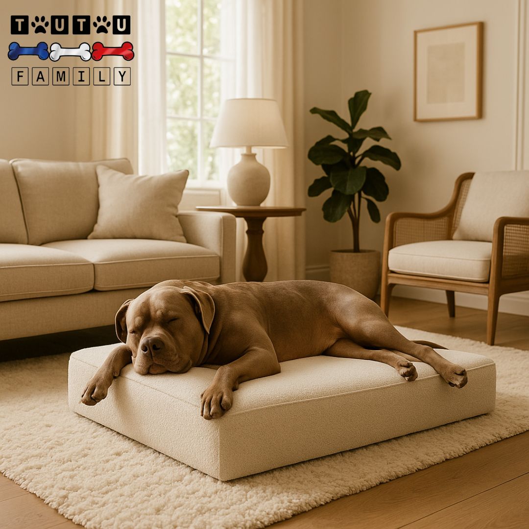 Lit-orthopédique-chien-xxl-un chien de très grande taille couché qui dort paisiblement la tête reposant sur le rebord du lit ergonomique à mémoire de forme avec sa housse en tricot 100% coton écoresponsable, écologique et écofriendly