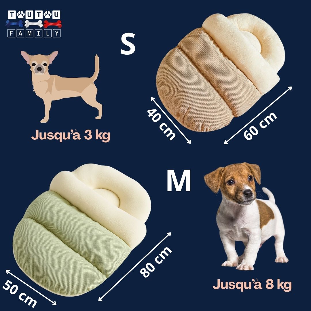 Lit-petit-chien-chaud-guide-des-tailles-en 2 tailles S et M pour chien nain-chiot-et petit-chien-jusqu'à 8 kg-chihuahua-Teckel nain- Schnauzer- caniche nain-bichon frisé-Cairn terrier-Jack Russel-Pinscher nain-Coton de Tuléar -Shih tzu-Loulou de poméranie-Lhassa Apso-Yorkshire-Affenpinscher- Épagneul Papillon-Petit brabançon -chiot
