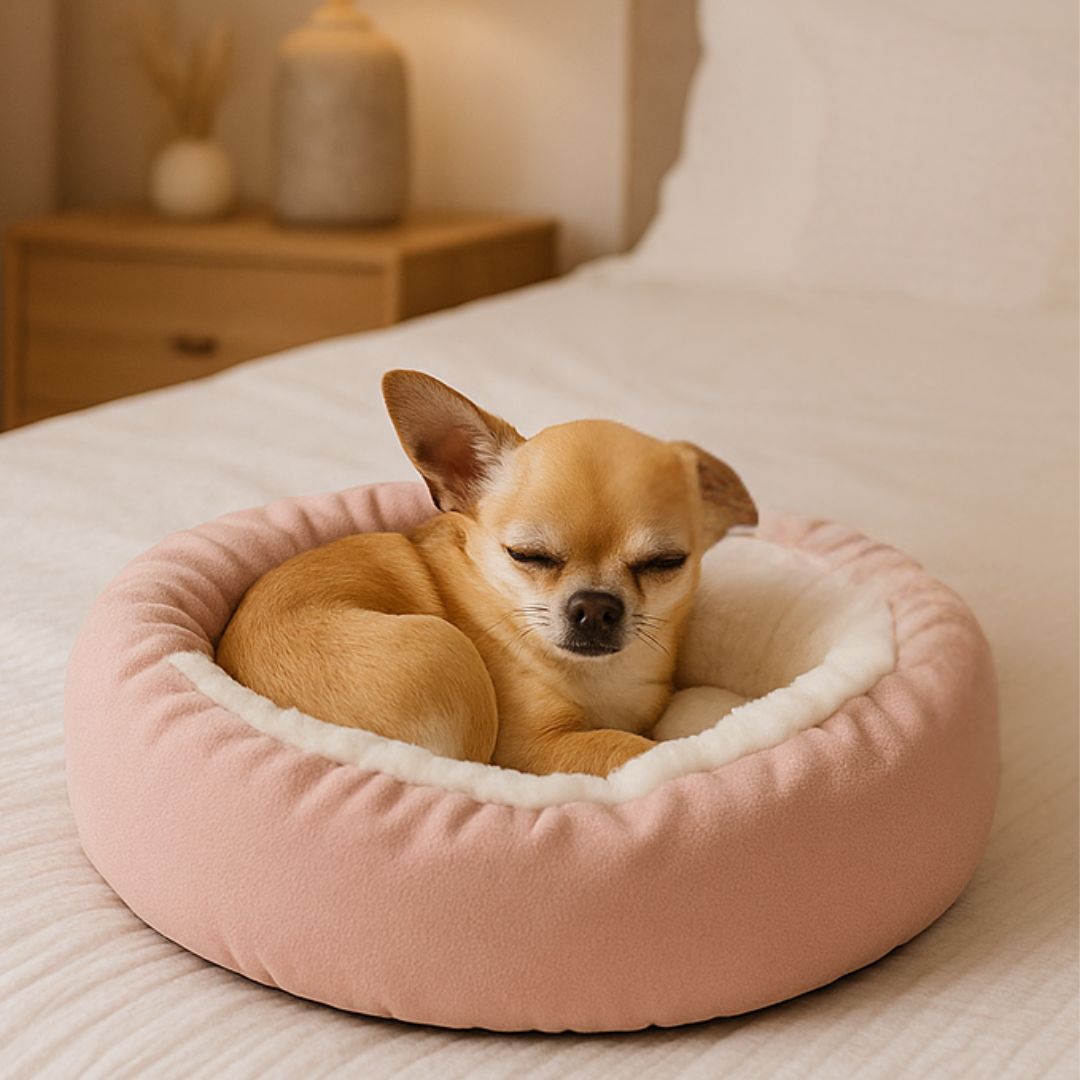 Lit-petit-chien-coussin-couverture-rose-un chihuahua qui dort couché confortablement en boule dans le panier rond rose à rebord 100% coton haute densité avec couverture en velours côtelé sur le lit de son maitre-lit antidérapant et lavable en machine