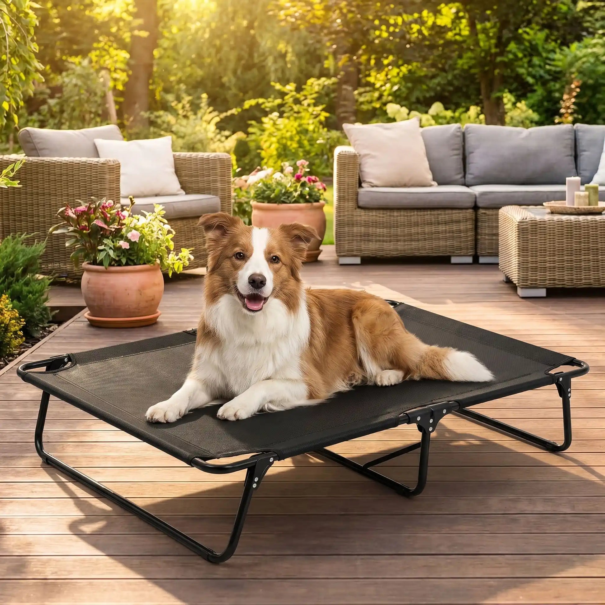 Lit-pliant-chien-camp-4-tailles du S au XXL ppur chiot et chien de toute races , imperméable en tissu teslin ultra résistant et respirant , rafraichissant en été, surélevé avec ses pieds et sa structure en métal robute avec barre au milieu pour une maille qui ne s'affaisse pas, avec poignée de transport, léger et compact pour un lit interieur et extérieur- un chien de grande taille confortablement couché sur son lit surélevé hamac noir de taille XL sur la terasse du jardin de la maison en été