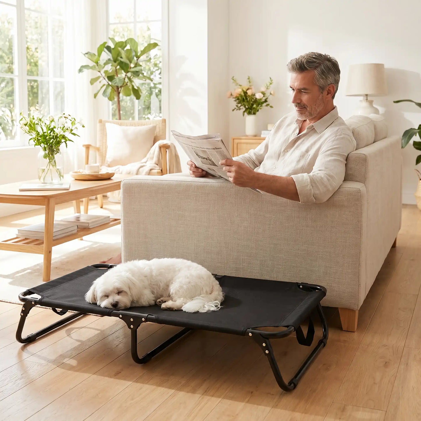 Lit-pliant-chien-camp-4-tailles du S au XXL ppur chiot et chien de toute races , imperméable en tissu teslin ultra résistant et respirant , rafraichissant en été, surélevé avec ses pieds et sa structure en métal robute avec barre au milieu pour une maille qui ne s'affaisse pas, avec poignée de transport, léger et compact pour un lit interieur et extérieur- un bichon maltais qui dort sur le lit pliant de taille S de couleur noir à côté de son maitre assis sur son canapé dans le salon de l'appartement en été