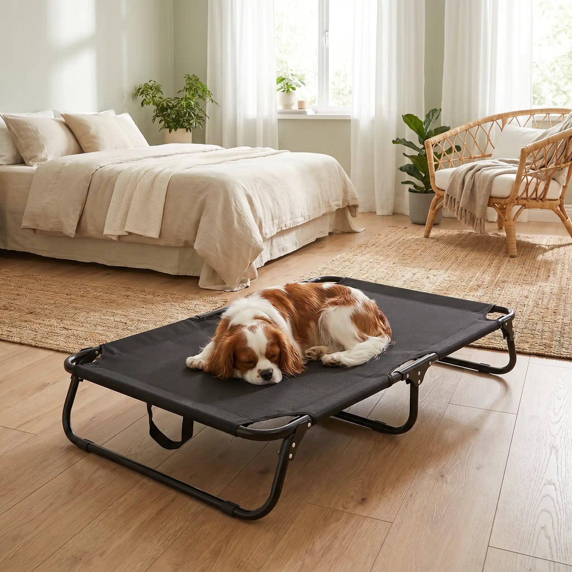 Lit-pliant-chien-camp-4-tailles du S au XXL ppur chiot et chien de toute races , imperméable en tissu teslin ultra résistant et respirant , rafraichissant en été, surélevé avec ses pieds et sa structure en métal robute avec barre au milieu pour une maille qui ne s'affaisse pas, avec poignée de transport, léger et compact pour un lit intérieur et extérieur- un chien de race moyenne à poils épais et longs qui dort sur son lit pliant xl noir dans la chambre de la maison en été