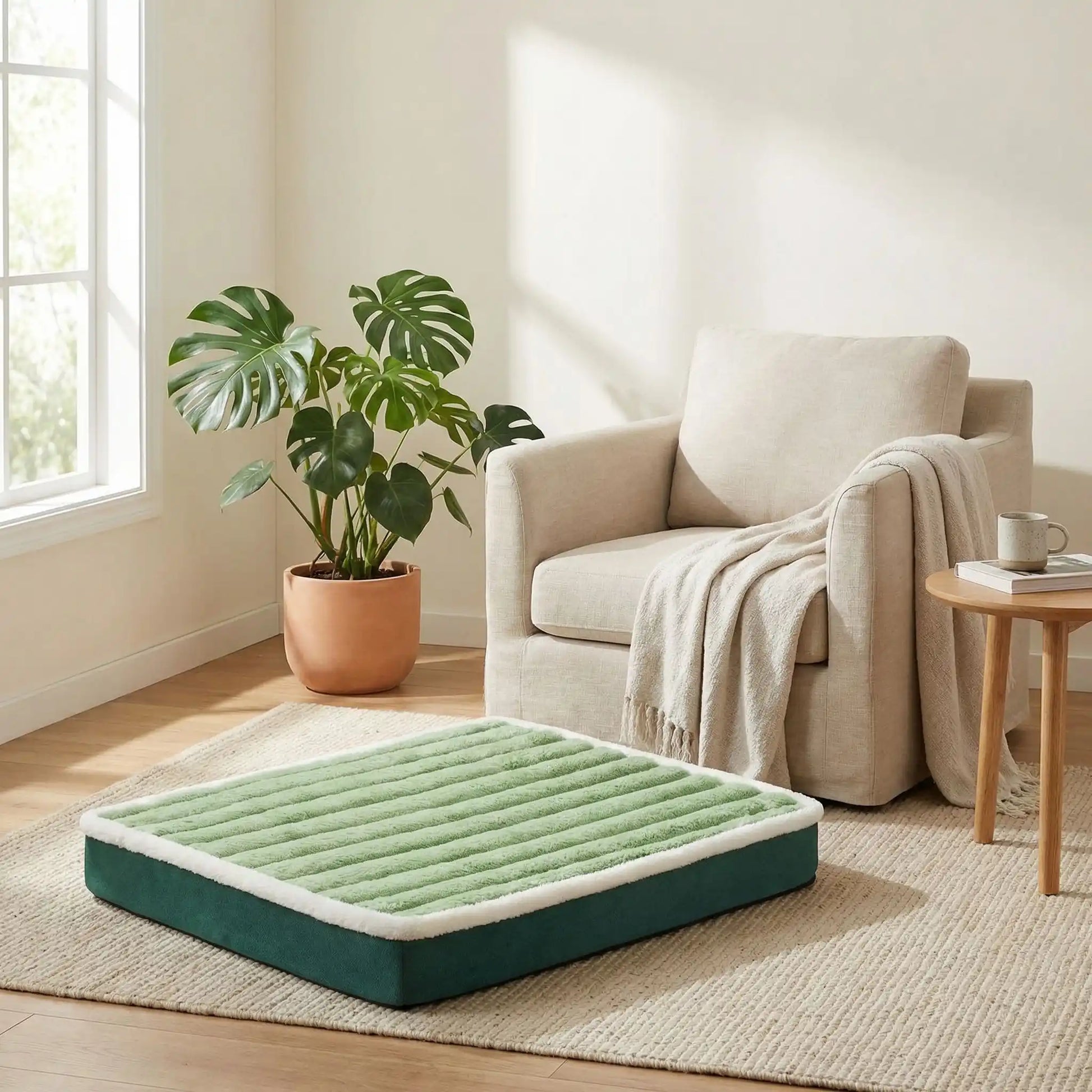 Lit-pour-chien-orthopedique-matelas rectangulaire, antidérapant, imperméable, housse en velours douce en peluche déhoussable et lavable en machine à laver, polyvalent sur le sol, dans la cage de tranport, un panier-disponible en 3 tailles S, M et L pour les chiots et les chiens de petites à moyenne taille de 0 à 15 kilos max-gros plan sur le matelas en velours rose ergonomique sur le sol dans le bureau de l'appartement