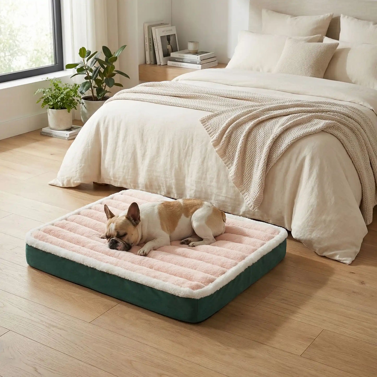 Lit-pour-chien-orthopedique-matelas rectangulaire, antidérapant, imperméable, housse en velours douce en peluche déhoussable et lavable en machine à laver, polyvalent sur le sol, dans la cage de tranport, un panier-disponible en 3 tailles S, M et L pour les chiots et les chiens de petites à moyenne taille de 0 à 15 kilos max-un petit chien qui dort paisiblement sur le lit orthopédique rectangulaire de couleur rose et gris à côté du lit de son maitre dans la chambre de la maison