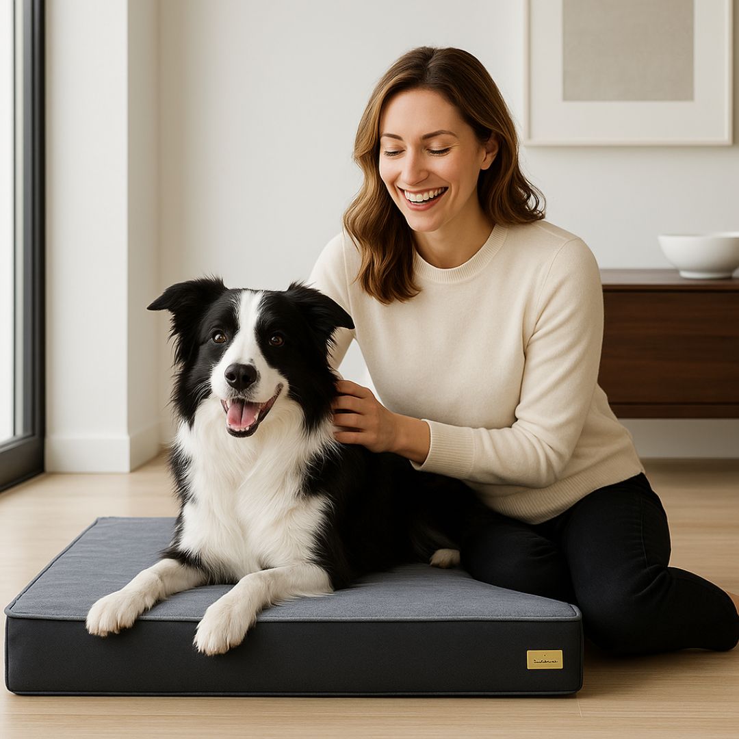Lit-pour-chien-orthopedique-impermeable-4-saisons-une maitresse souriante qui caresse son chien couché sur son matelas à mémoire de forme 100% coton haute densité et haute résilience pour un confort optimal 