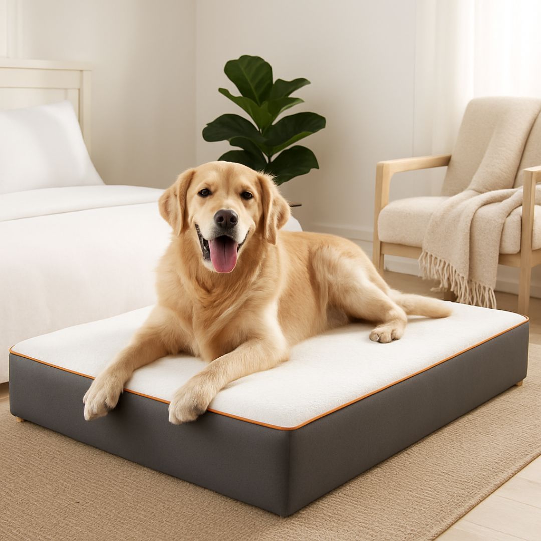 Lit-pour-chien-orthopédique-imperméable-un très grand chien couché haletant se reposant calmement et tout heureux sur le matelas orthopédique xxxl déhoussable 100% imperméable en coton et tissus oxford ultra-résistant aux griffes et mordillement dans la chambre de son propriétaire