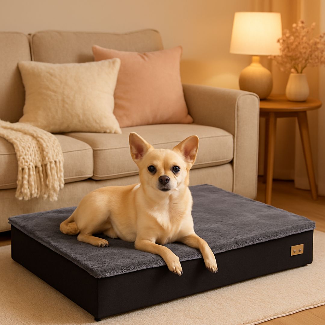 Lit-pour-chien-orthopédique-imperméable-un chien de petite taille couché confortablement sur son matelas orthopédique à mémoire de forme pour un soutien ergonomique qui protège les articulation-pour une bonne récupération musculaire-idéal pour les chiens âgés-souffrant-dysplasie-douleur chronique-postopératoire