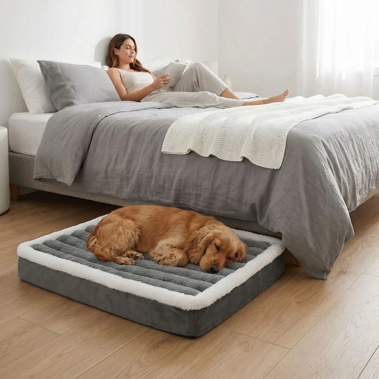 Lit-pour-chien-orthopedique-matelas rectangulaire, antidérapant, imperméable, housse en velours douce en peluche déhoussable et lavable en machine à laver, polyvalent sur le sol, dans la cage de tranport, un panier-disponible en 3 tailles S, M et L pour les chiots et les chiens de petites à moyenne taille de 0 à 15 kilos max-un chien de race moyenneza qui dort paisiblement sur le lit hypoallergénique ultra doux sur le sol à côté du lit de sa maitresse qui lit allongé dans la chambre de la maison