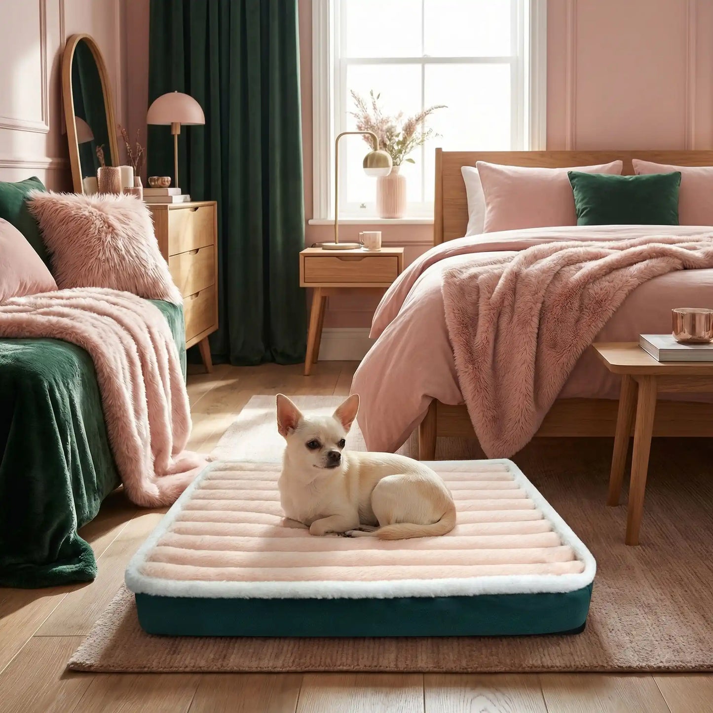 Lit-pour-chien-orthopedique-matelas rectangulaire, antidérapant, imperméable, housse en velours douce en peluche déhoussable et lavable en machine à laver, polyvalent sur le sol, dans la cage de tranport, un panier-disponible en 3 tailles S, M et L pour les chiots et les chiens de petites à moyenne taille de 0 à 15 kilos max-un chien de race toy couché confortablement sur le lit orthopédique rectangulaire de couleur rose et gris à côté du lit de son maitre dans la chambre de l'appartement