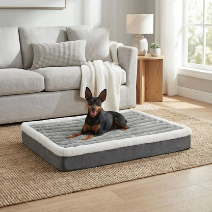 Lit-pour-chien-orthopedique-matelas rectangulaire, antidérapant, imperméable, housse en velours douce en peluche déhoussable et lavable en machine à laver, polyvalent sur le sol, dans la cage de tranport, un panier-disponible en 3 tailles S, M et L pour les chiots et les chiens de petites à moyenne taille de 0 à 15 kilos max-un chiot couché confortablement sur le lit orthopédique rectangulaire de couleur rose et gris à côté du lit de son maitre dans la chambre de l'appartement