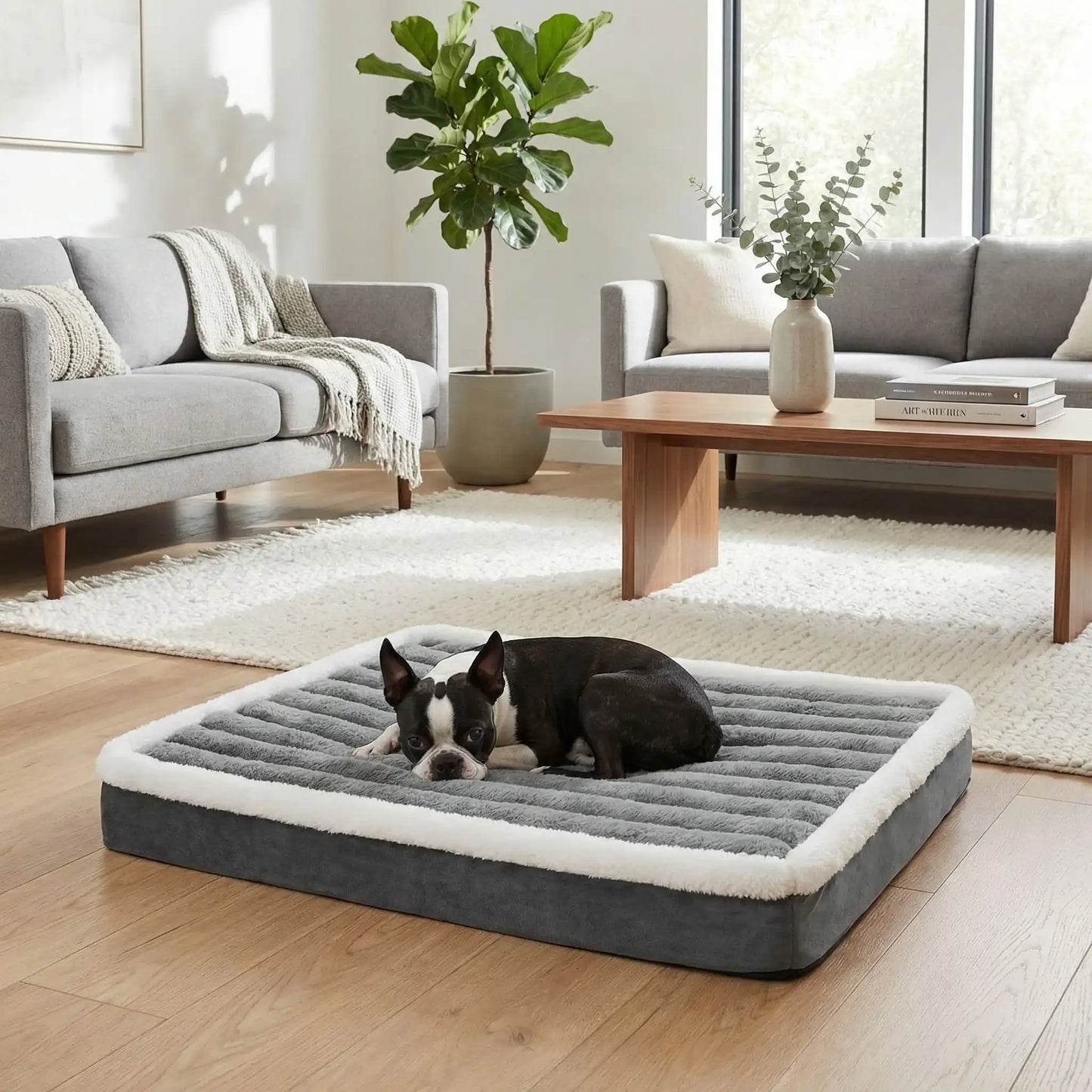 Lit-pour-chien-orthopedique-matelas rectangulaire, antidérapant, imperméable, housse en velours douce en peluche déhoussable et lavable en machine à laver, polyvalent sur le sol, dans la cage de tranport, un panier-disponible en 3 tailles S, M et L pour les chiots et les chiens de petites à moyenne taille de 0 à 15 kilos max-un chien de taille moyenne qui dort paisiblement sur le lit orthopédique rectangulaire de couleur gris dans le salon de l'appartement