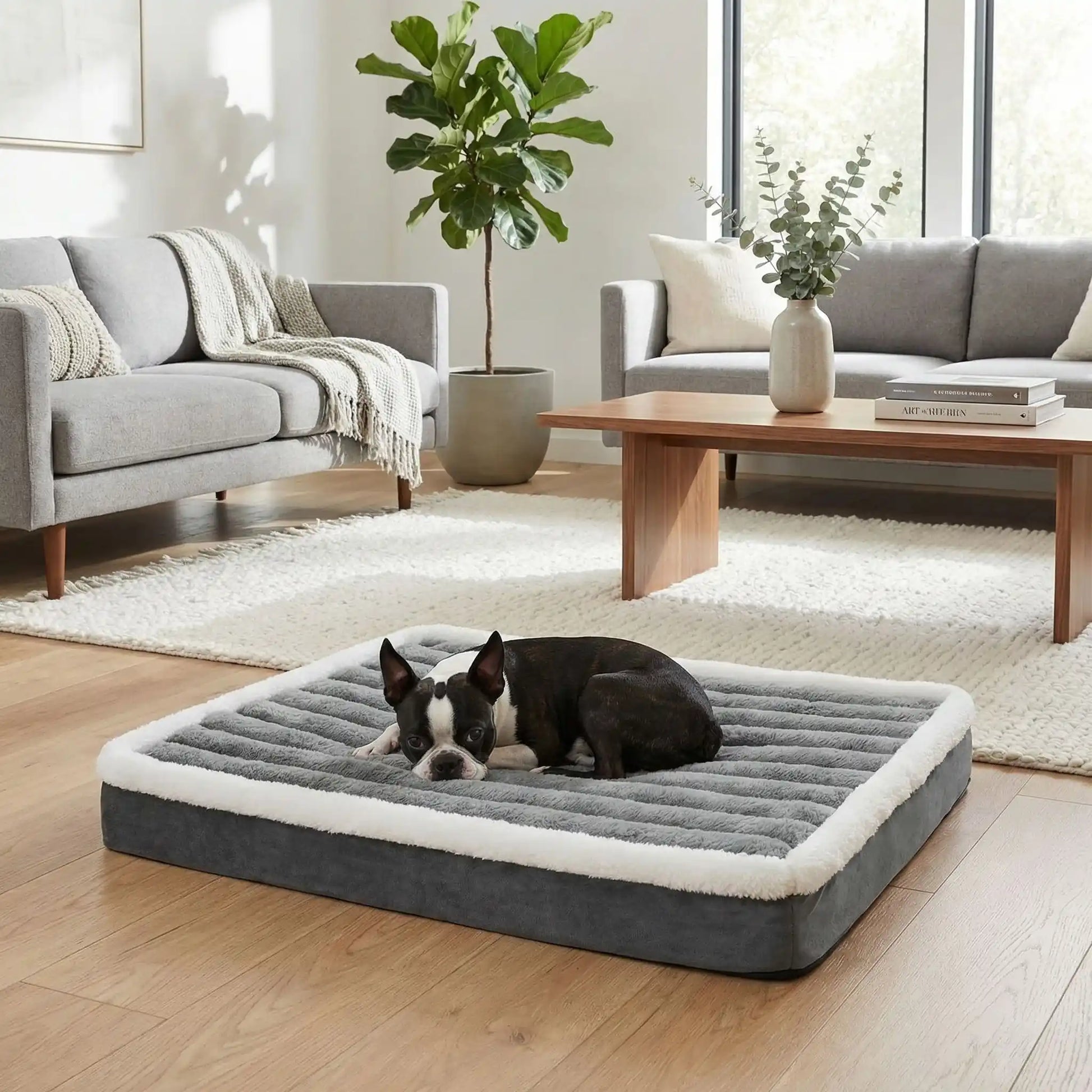Lit-pour-chien-orthopedique-matelas rectangulaire, antidérapant, imperméable, housse en velours douce en peluche déhoussable et lavable en machine à laver, polyvalent sur le sol, dans la cage de tranport, un panier-disponible en 3 tailles S, M et L pour les chiots et les chiens de petites à moyenne taille de 0 à 15 kilos max-un chien de taille moyenne qui dort paisiblement sur le lit orthopédique rectangulaire de couleur gris dans le salon de l'appartement